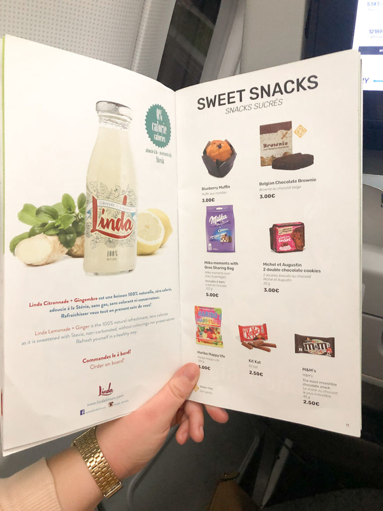 Menu de snacks et boissons (payant) de la compagnie Level - janvier 2020